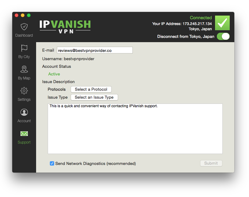 IPVanish VPN Software Support Tab